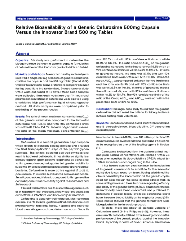 (PDF) Relative Bioavailability of a Generic Cefuroxime 500mg Capsule