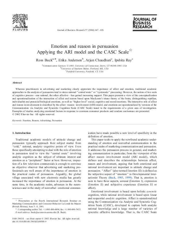 (PDF) Emotion and reason in persuasion Applying the ARI model and the ...