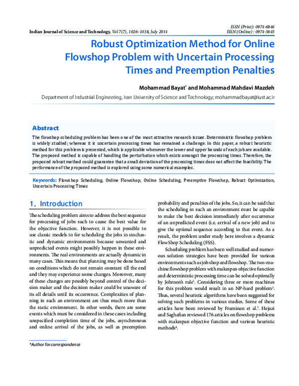 (PDF) Robust Optimization Method for Online Flowshop Problem with ...