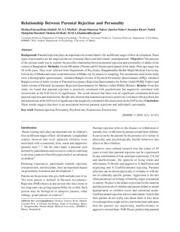 (PDF) Relationship Between Parental Rejection and Personality