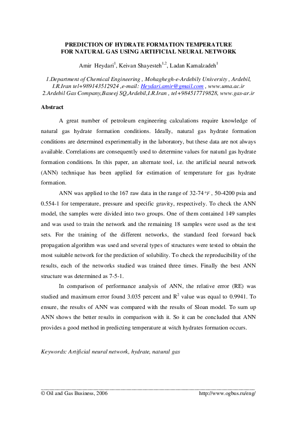 (PDF) PREDICTION OF HYDRATE FORMATION TEMPERATURE FOR NATURAL GAS USING ...