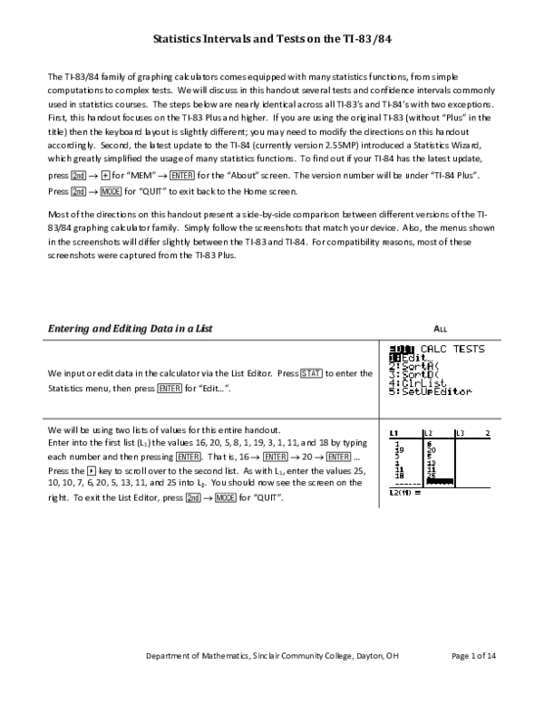 (PDF) Statistics Intervals a Entering and Editing Data in a List