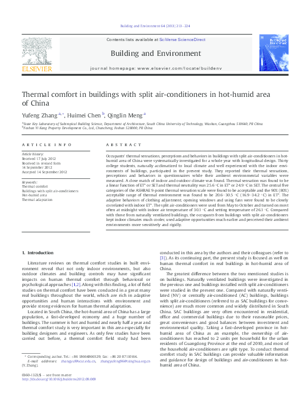 (PDF) Thermal comfort in buildings with split air-conditioners in hot ...