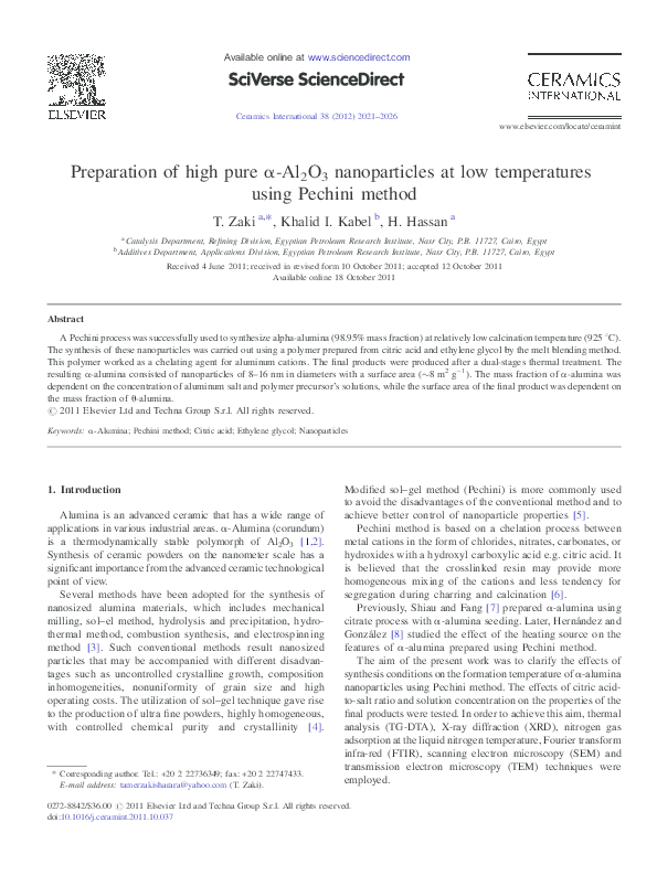 (PDF) Preparation of high pure a-Al 2 O 3 nanoparticles at low ...