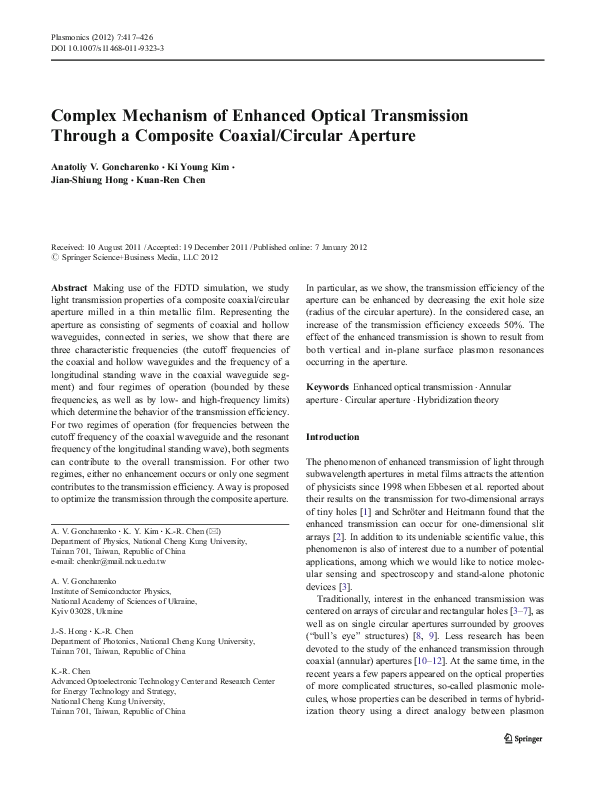 (PDF) Complex mechanism of enhanced optical transmission through a ...