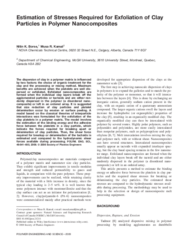 Estimation of Stresses Required for Exfoliation of Clay Particles in Polymer Nanocomposites
