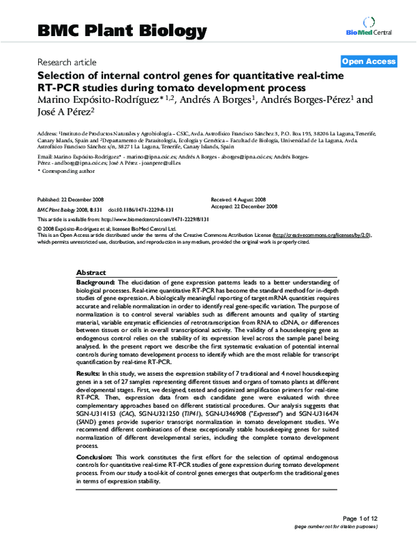 (PDF) Selection of internal control genes for quantitative real-time RT ...