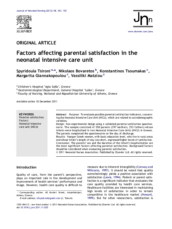 (PDF) Factors affecting parental satisfaction in the neonatal intensive ...