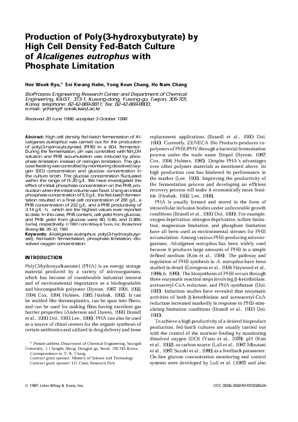 (PDF) Production of Poly(3-hydroxybutyrate) by High Cell Density Fed ...
