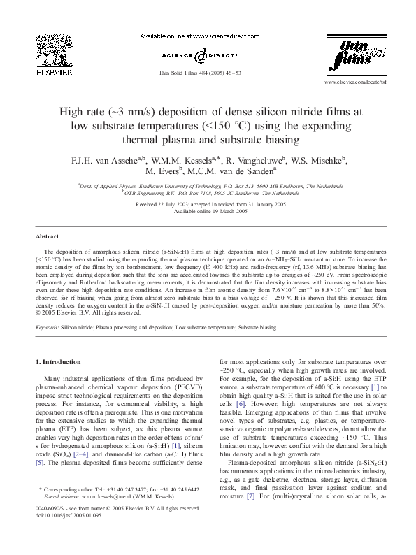 (PDF) High rate (~3 nm/s) deposition of dense silicon nitride films at ...