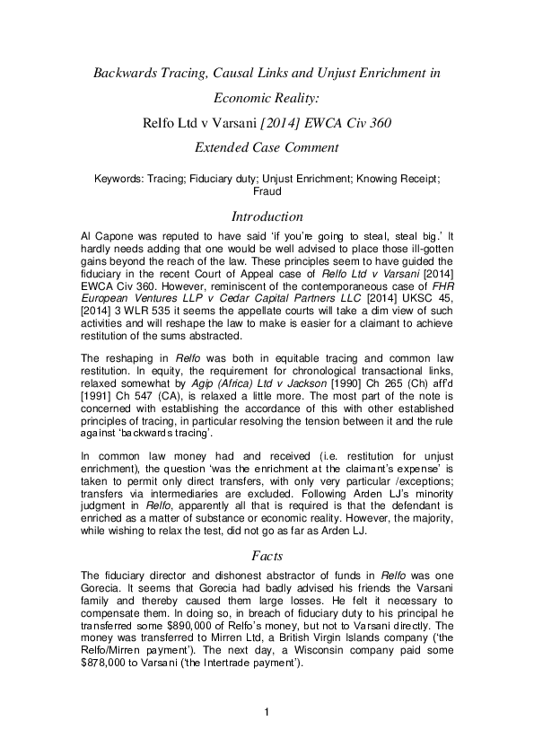 (PDF) Backwards Tracing, Causal Links and Unjust Enrichment in Economic
