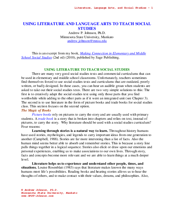 (PDF) USING LITERATURE AND LANGUAGE ARTS TO TEACH SOCIAL STUDIES