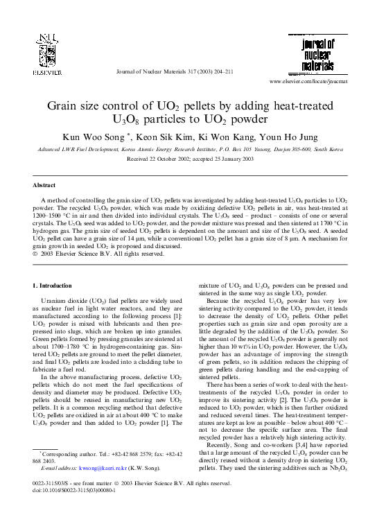 (PDF) Grain size control of UO 2 pellets by adding heat-treated U 3 O 8 ...