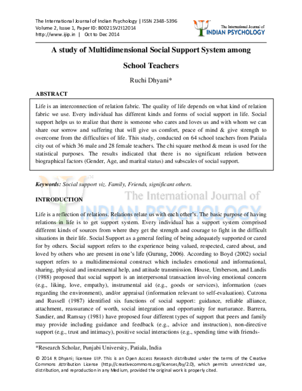 (PDF) A study of Multidimensional Social Support System among School ...
