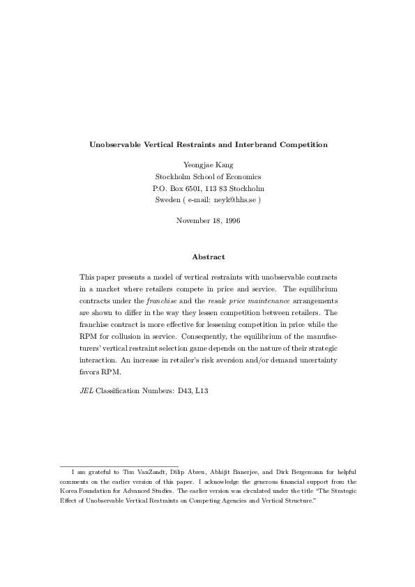 (PDF) Unobservable Vertical Restraints and Interbrand Competition