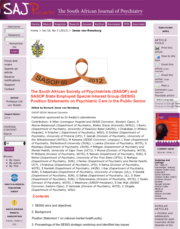 (PDF) The South African Society of Psychiatrists Position Statements on