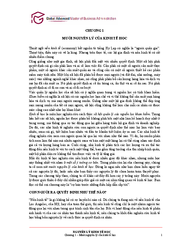 First page of “NGUYÊN LÝ KINH TẾ HỌC Chương 1 – Mười nguyên lý của kinh tế học 1”