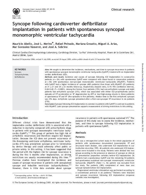 (PDF) Syncope following cardioverter defibrillator implantation in ...