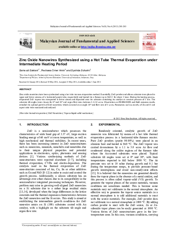 (PDF) Zinc Oxide Nanowires Synthesized using a Hot Tube Thermal ...