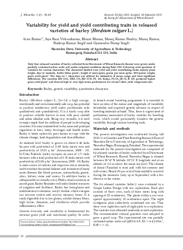 (PDF) Variability for yield and yield contributing traits in released ...