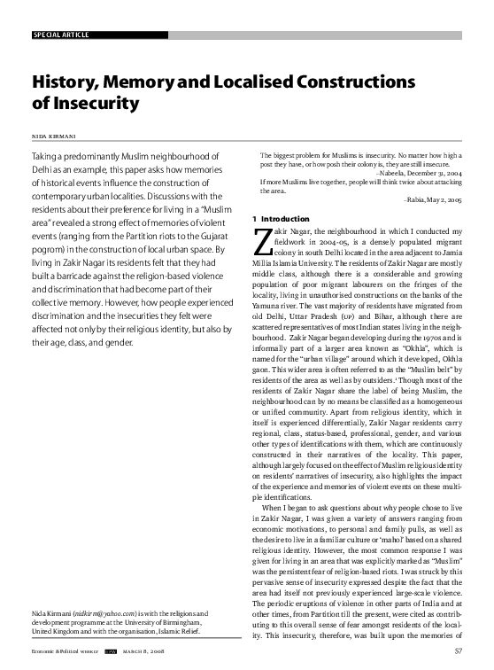 (PDF) History, Memory and Localised Constructions of Insecurity