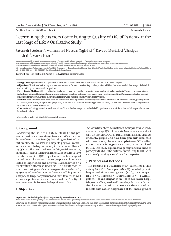 (PDF) Determining the Factors Contributing to Quality of Life of ...