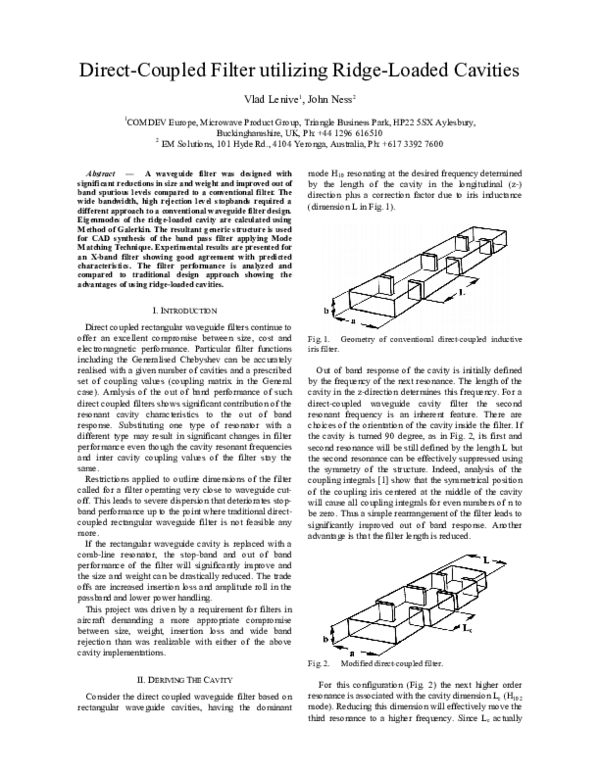 (PDF) Direct-Coupled Filter utilizing Ridge-Loaded Cavities