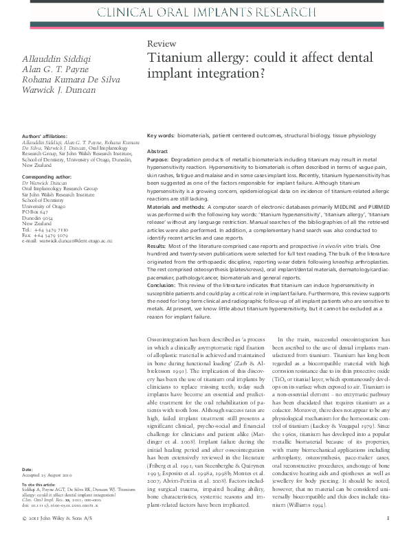 (PDF) Titanium allergy could it affect dental implant integration