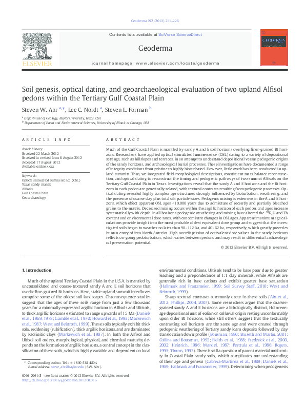 (PDF) Soil genesis, optical dating, and geoarchaeological evaluation of ...