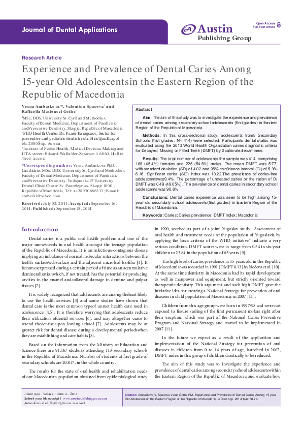 (PDF) Experience and Prevalence of Dental Caries Among 15-year Old ...