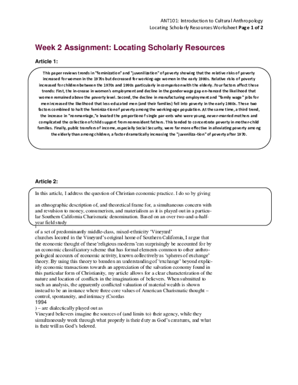 (DOC) Week 2 Assignment: Locating Scholarly Resources