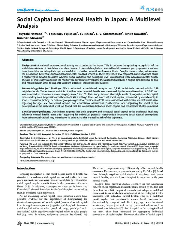 (PDF) Social Capital and Mental Health in Japan: A Multilevel Analysis