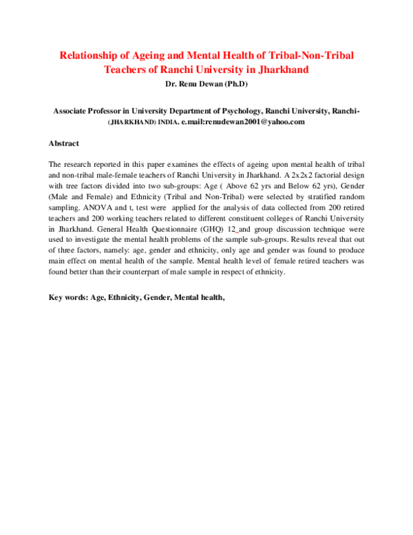 (DOC) Ageing and Mental Health of Tribal and Non-Tribal Teachers of ...