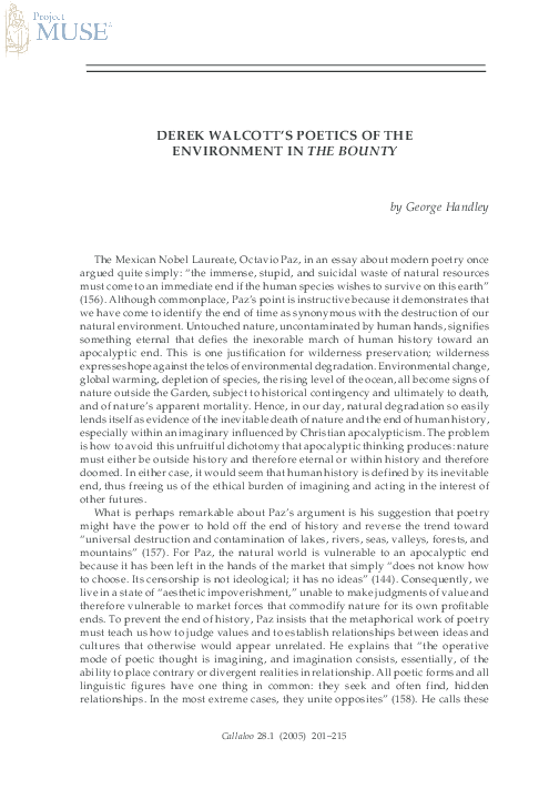 (PDF) Derek Walcott's Poetics of the Environment in The Bounty
