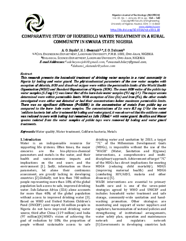 Comparative study of household water treatment in a rural community in ...