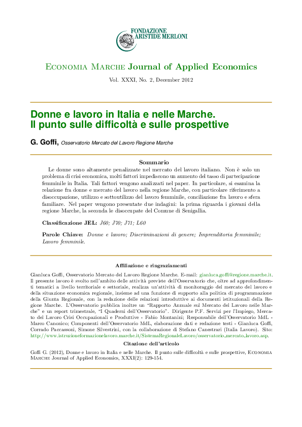 (PDF) Donne e lavoro in Italia e nelle Marche. Il punto sulle ...