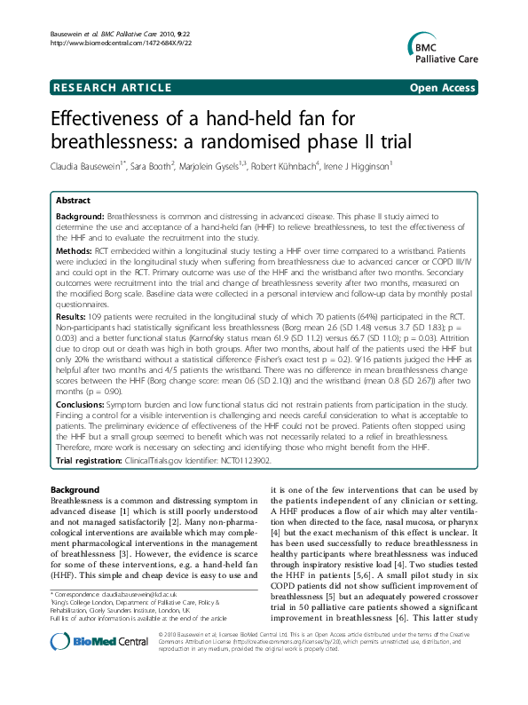 (PDF) Effectiveness of a handheld fan for breathlessness a randomised