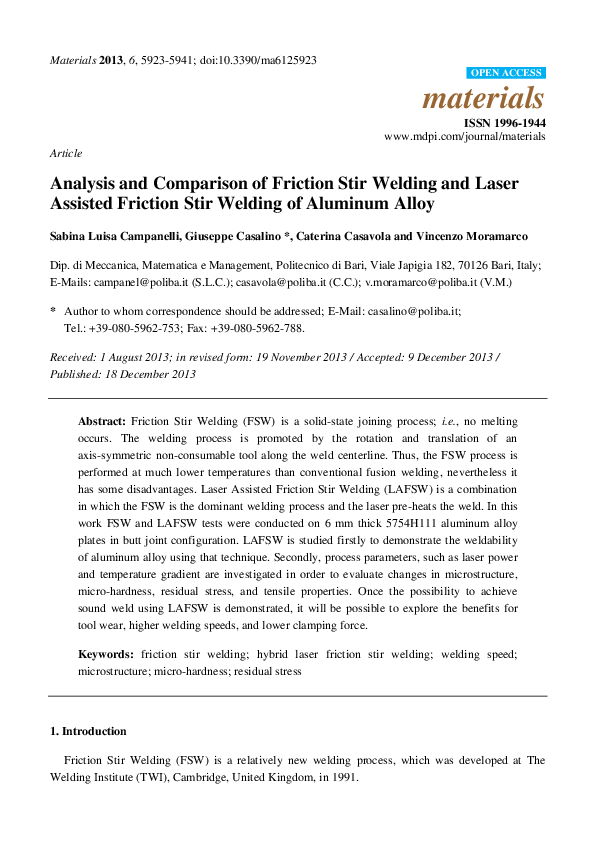 (PDF) Analysis and Comparison of Friction Stir Welding and Laser ...