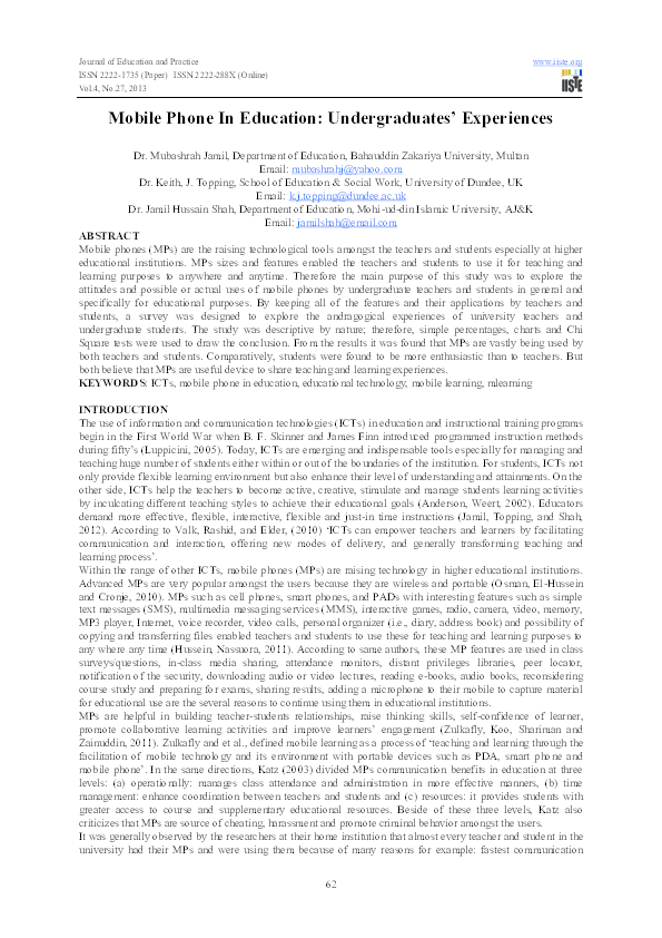 (PDF) Mobile Phone In Education: Undergraduates' Experiences