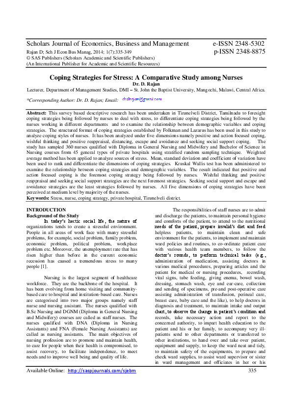 (PDF) Coping strategies for Stress: A Comparative Study among Nurses