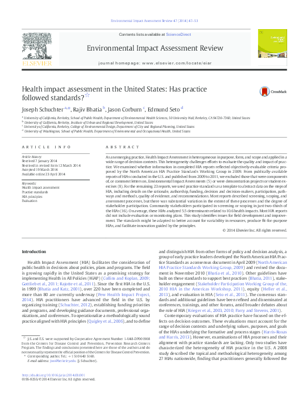(PDF) Health impact assessment in the United States: Has practice ...