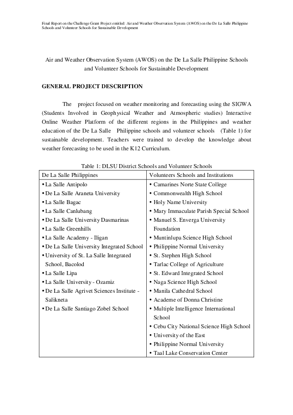 (PDF) Air and Weather Observation System (AWOS) on the De La Salle ...