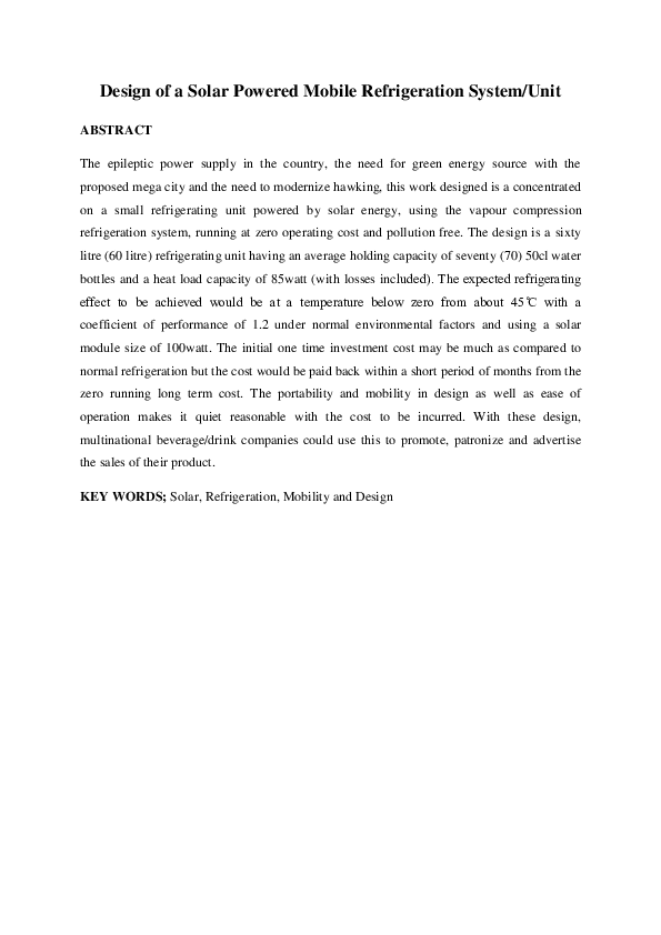(DOC) Design of a Solar Powered Refrigeration