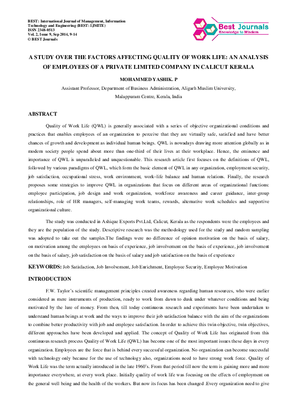 (PDF) A STUDY OVER THE FACTORS AFFECTING QUALITY OF WORK LIFE: AN ...