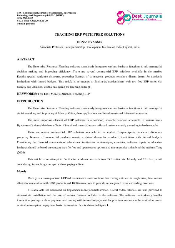 (PDF) TEACHING ERP WITH FREE SOLUTIONS | BEST Journals - Academia.edu