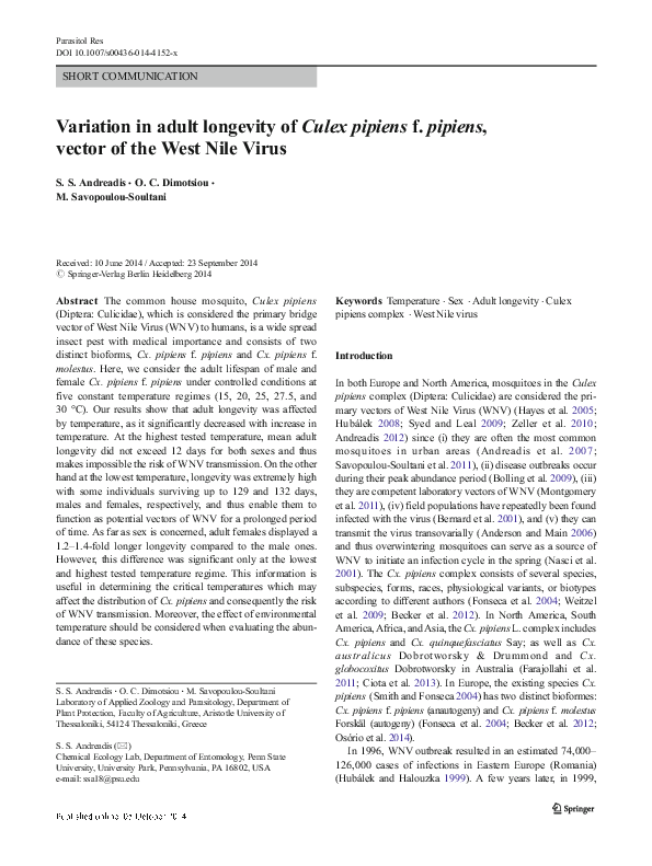 (PDF) Variation in adult longevity of Culex pipiens f. pipiens, vector ...