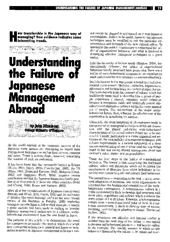 (PDF) Understanding the Failure of Japanese Management Abroad