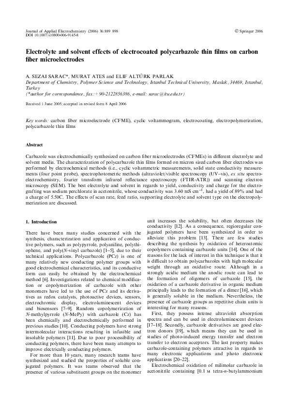 (PDF) Electrolyte and solvent effects of electrocoated polycarbazole ...