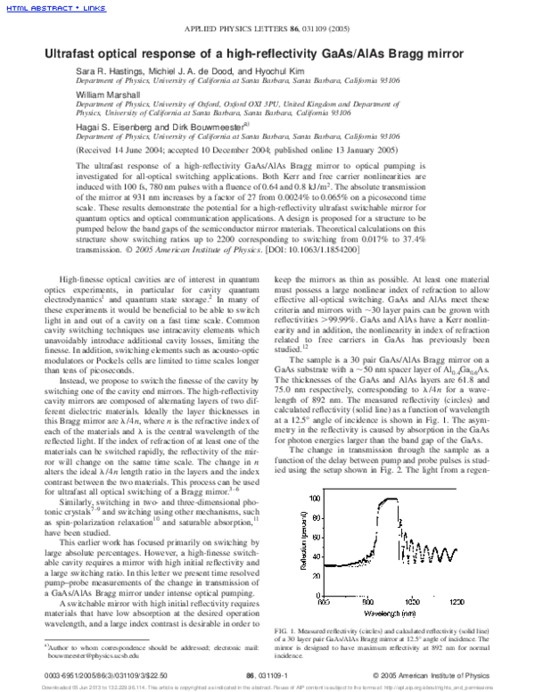 (PDF) Ultrafast optical response of a high-reflectivity GaAs∕AlAs Bragg ...