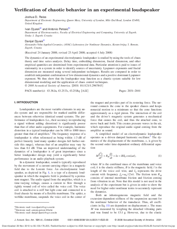 (PDF) Verification of chaotic behavior in an experimental loudspeaker